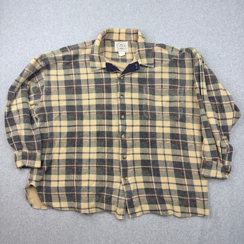 Abercrombie & Fitch Mens Large Fleece Plaid Button Down Shirt Tan Green Vintage